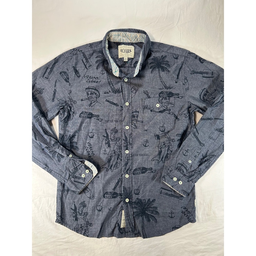 Roark Revival Mens Viva Libre‎ Graphic Button Down Shirt Blue Long Sleeve Size M